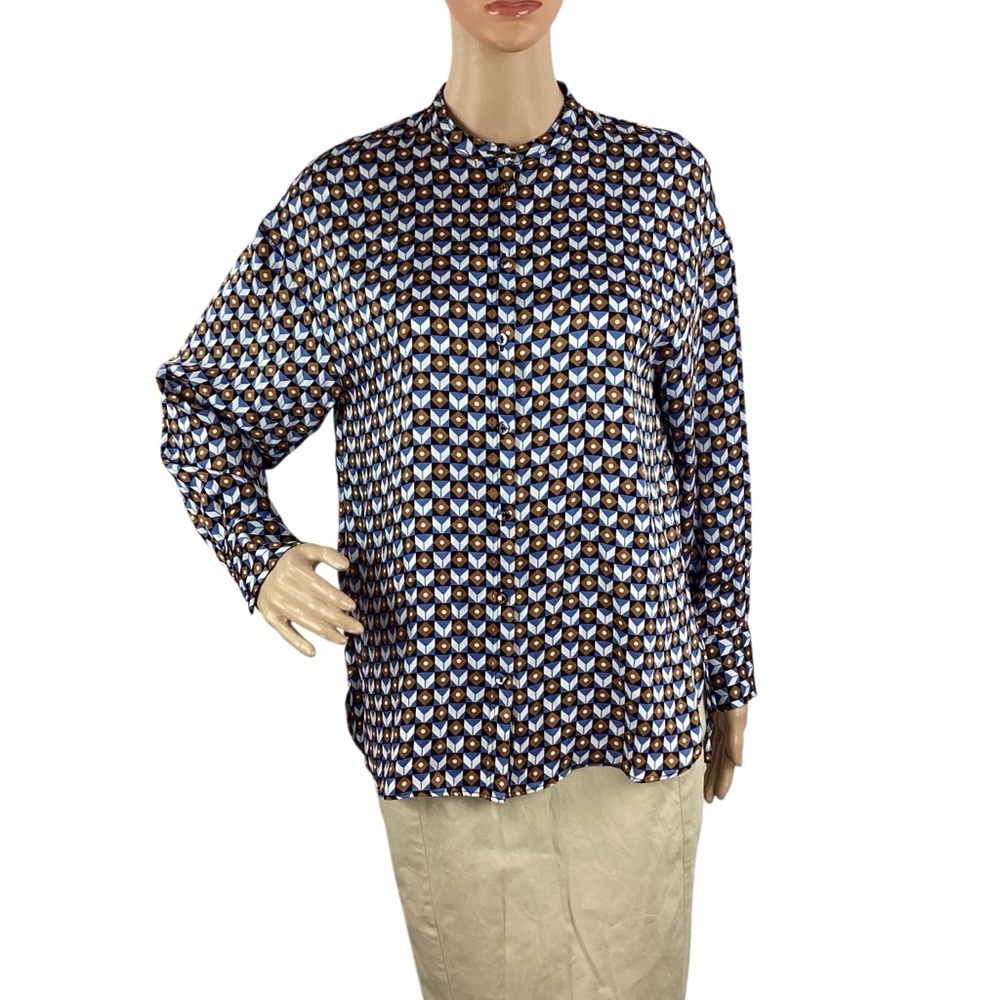 ZARA Geometric Print Button Down Blouse Blue Brown Small
